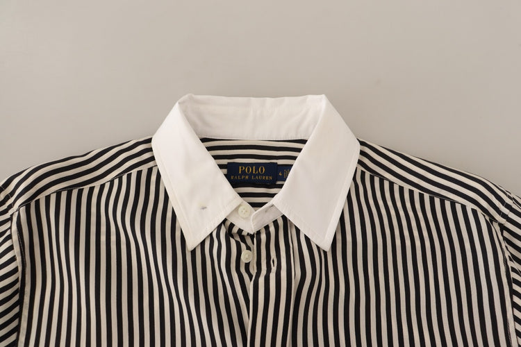 Black White Striped Long Sleeves Collared Top
