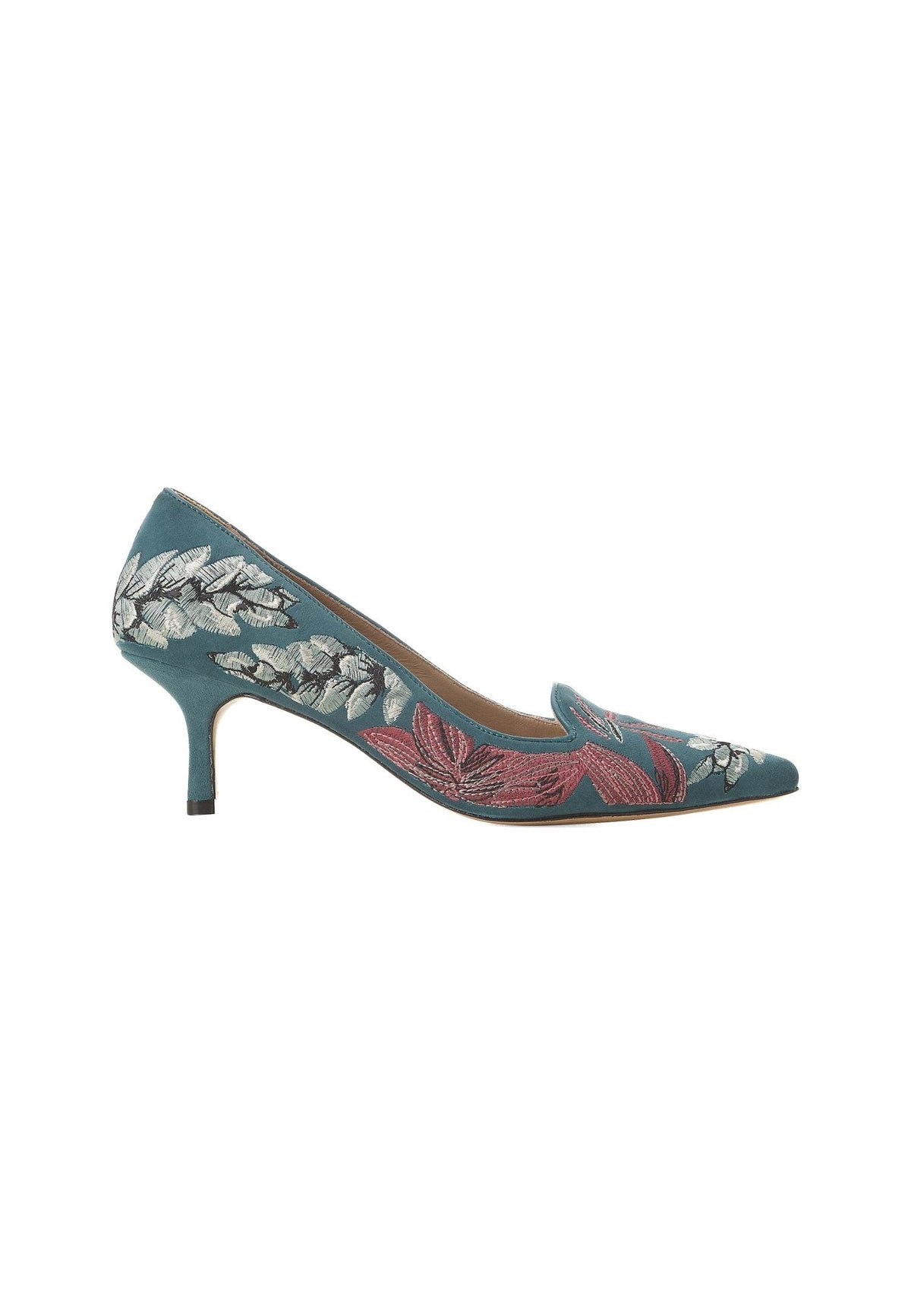 Turquoise Suede Embroidered Pumps – Kitten Heel Style