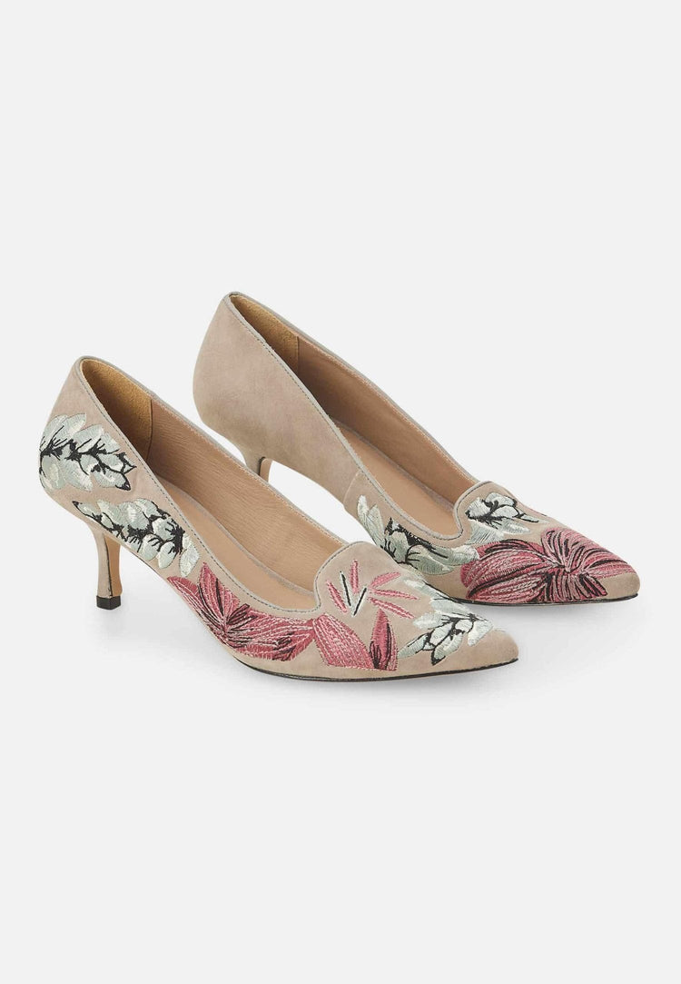 Gray Suede Embroidered Pumps – Kitten Heel Style