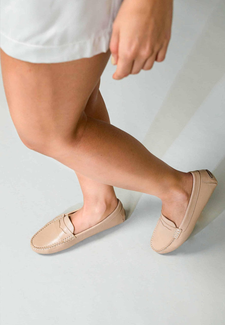 Beige Calf Leather Penny Loafers – Women’S Classic Driving Shoes