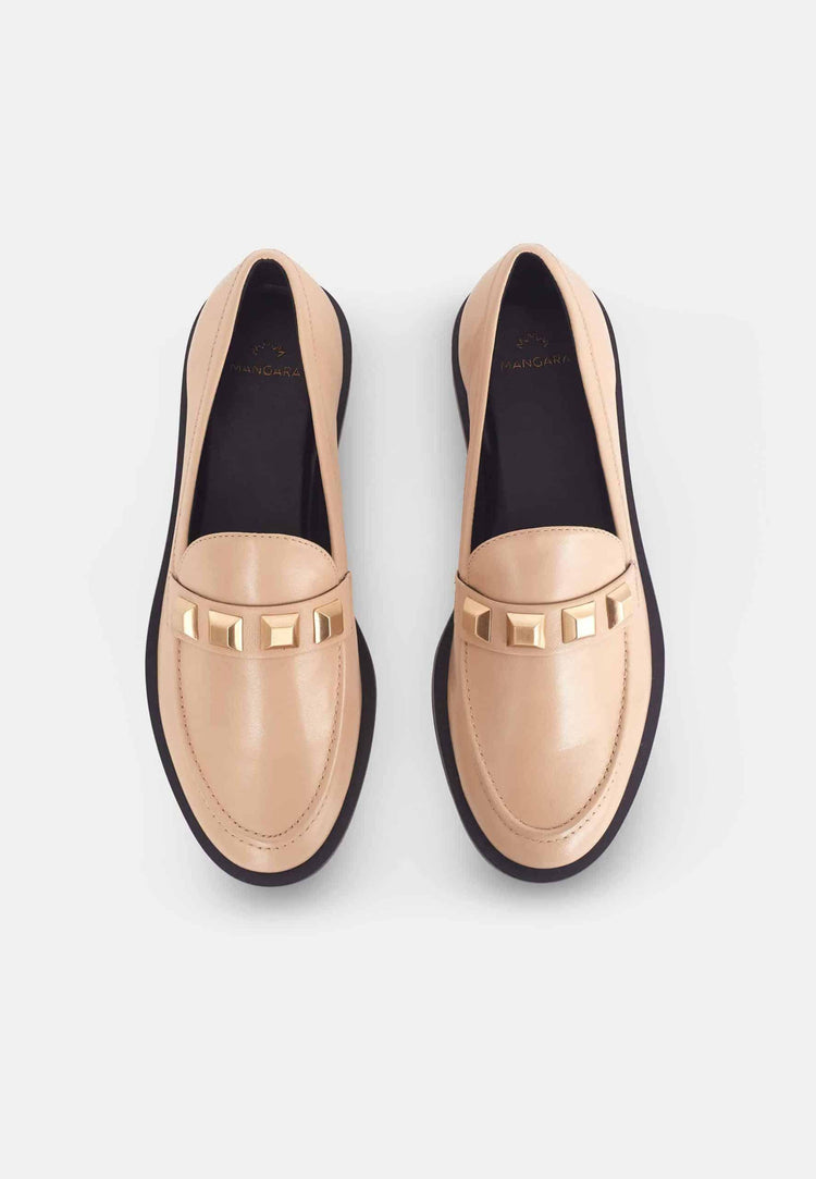 Beige Calf Leather Loafers – Elegant Women’S Flat Shoes With Metal Stud Detail